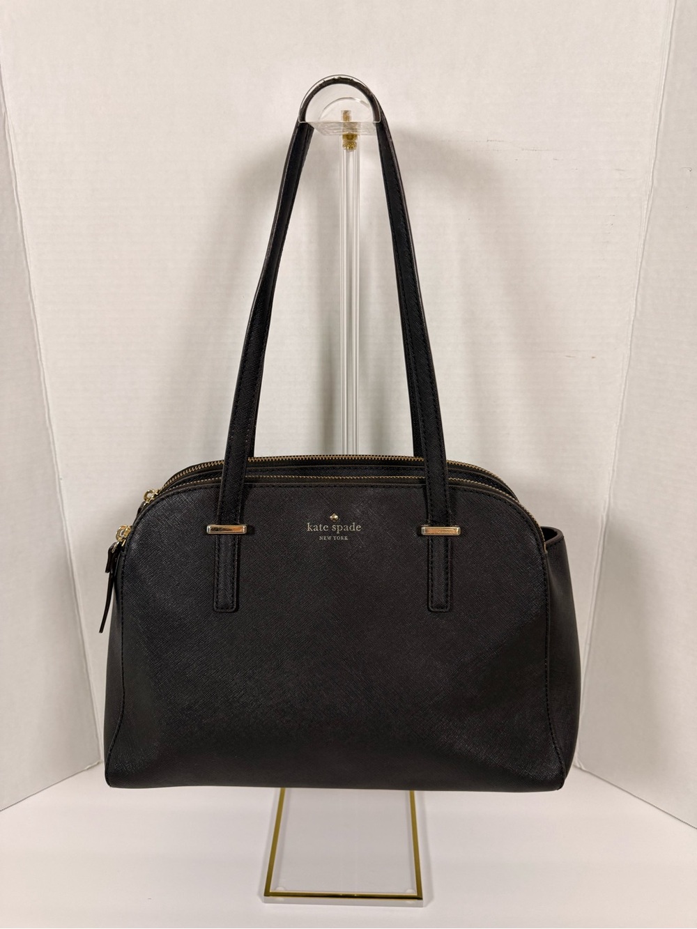 kate spade black leather dome satchel with gold hardware